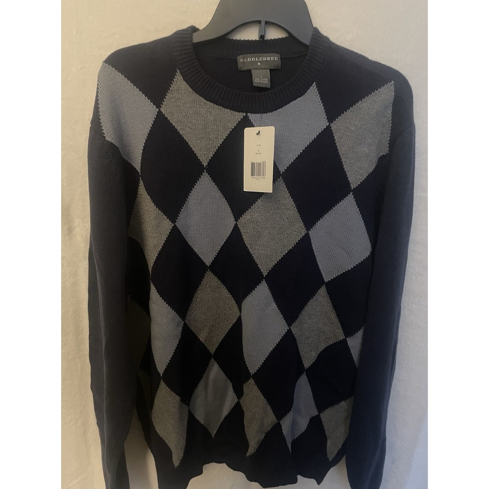 Saddlebred Argyle Sweater Men's Large Navy‎ Gray NWT